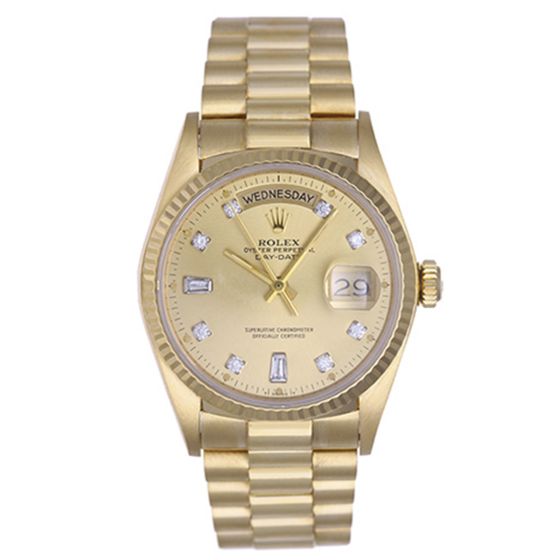 Diamond Rolex President Day-Date Men's 18k Yellow Gold Watch 18038