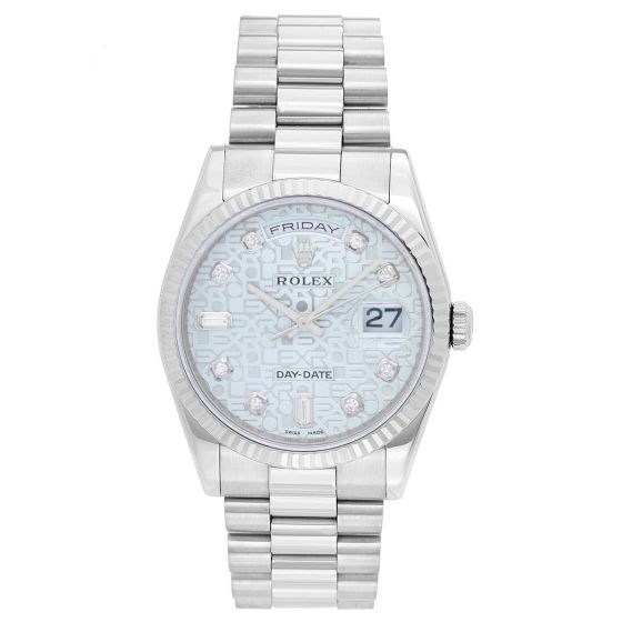 Rolex President Day-Date Men's 18k White Gold Watch Rolex Jubilee Dial with Diamond hour markers 118239