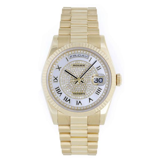 Rolex President Day-Date Pave Roman Mother of Pearl Men's Watch 118238