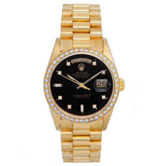 Rolex President Day-Date Men's Yellow Gold Watch Factory Black Diamonds Dial 18348