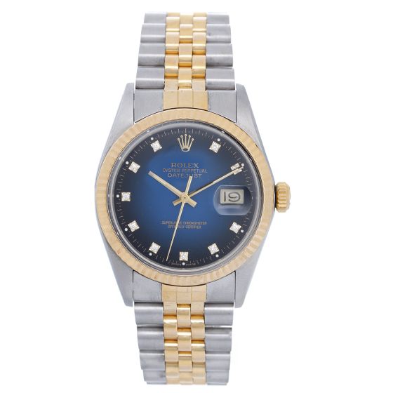 Men's Rolex Datejust 2-Tone Blue Diamond Dial Watch 16013