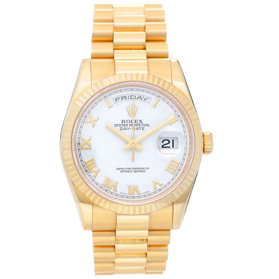 Rolex President Day-Date Men's 18k Gold Watch 118238 White Roman