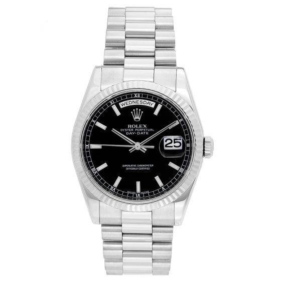 Rolex President Day-Date Men's 18k White Gold Watch Black Dial 118239
