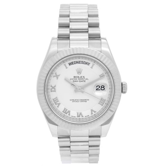 Rolex President Day-Date II Men's 18k White Gold Watch Silver Dial 218239