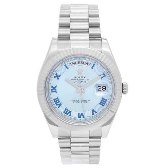 Rolex President Day-Date II Men's 18k White Gold Watch Glacier Dial 218239