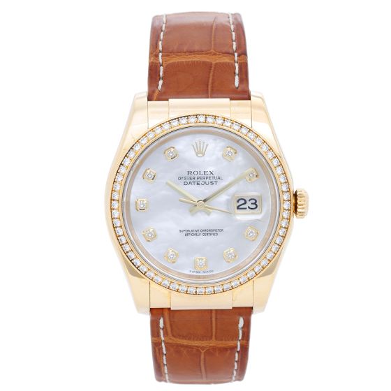 Rolex Datejust 18k Yellow Gold Diamonds Mother of Pearl Men's or Ladies Watch 116188