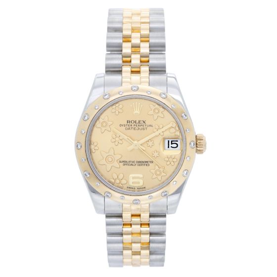 Rolex Datejust Midsize Steel & Gold 24 Diamond Dome Bezel Watch 178343