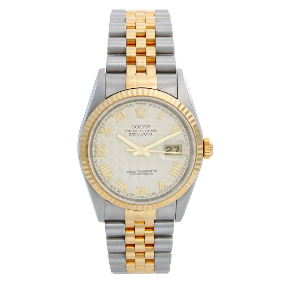 Men's 2-Tone Steel & Gold Rolex Datejust Watch 16233 Ivory Pyramid Dial