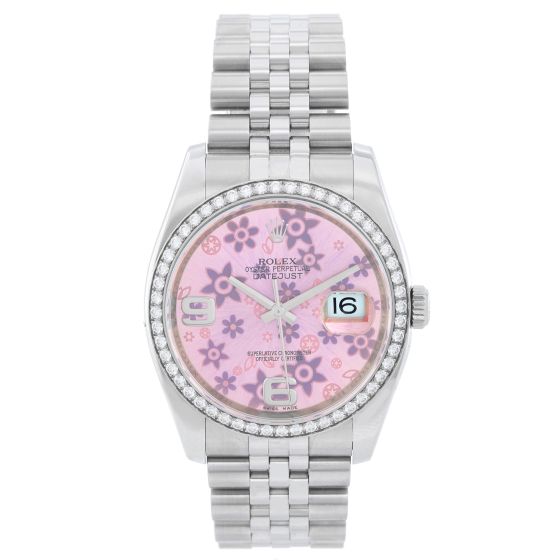 Rolex Datejust Diamond Bezel Pink Floral Dial  Men's Steel Watch 116244