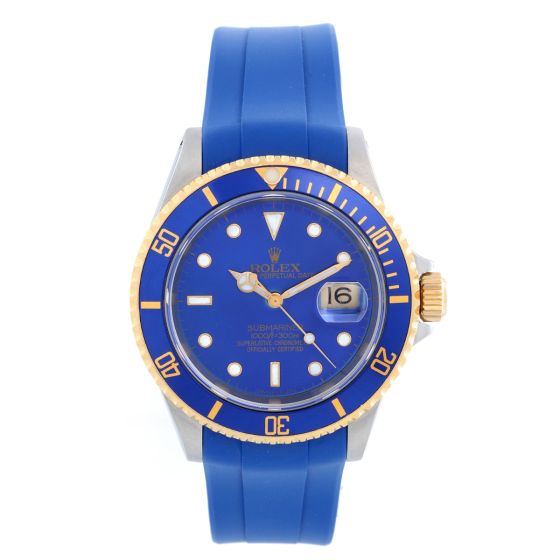 Rolex Submariner 2-Tone Steel & Gold Rubber Strap Men's Watch 16613 