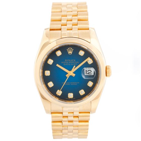 Men's Gold Rolex Datejust Watch Blue Vingette Dial 116208