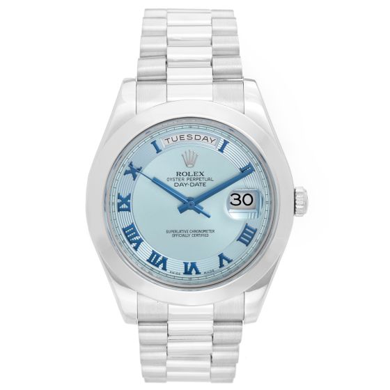 Rolex Day-Date II President Men's Platinum Watch 218206 Glacier Blue Dial 