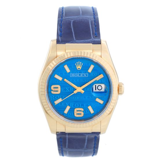 Rolex Datejust 18k Yellow Gold Men's Watch116138 Blue Dial with Pave Diamond 6&9 markers  On Strap 
