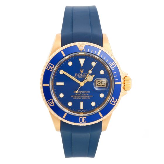 Rolex Submariner 18k Gold Men's Watch 16618 On Rubber B 