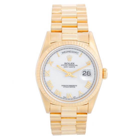 Men's  18k Gold  Rolex President Day-Date Watch 18238 White Roman Dial