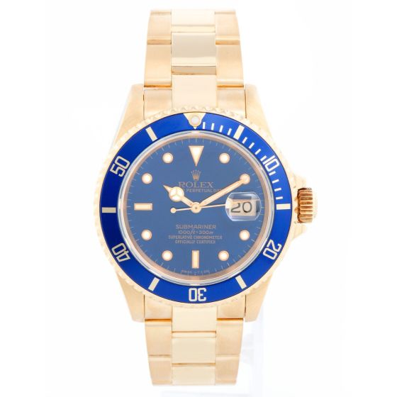 Collectible Rolex Submariner 18k Gold Men's Watch 16618 Blue Dial