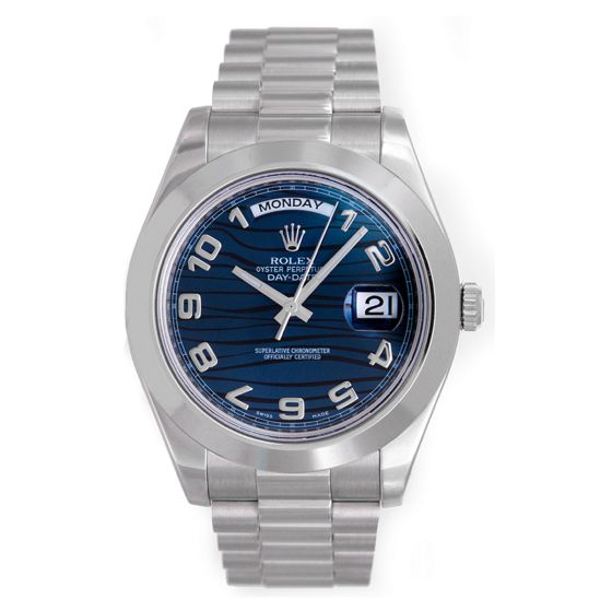 Rolex Day-Date II President Men's Platinum Watch Blue Wave Dial 218206 blwap
