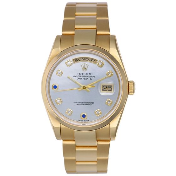 Rolex President Day-Date Men's 18k Gold Watch 118208 Mother Of Pearl Diamonds and Sapphires