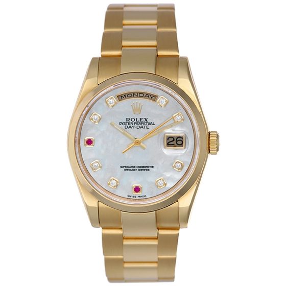 Rolex President Day-Date Men's 18k Gold Watch 118208 Mother Of Pearl Diamonds and Ruby