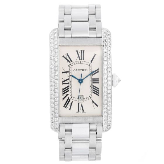 Cartier Tank Americaine 18k White Gold  Factory Diamond Bezel Men's Large Watch WB7026L1