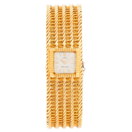Vintage Ladies 18k Yellow Gold Square Ladies Watch on Mesh Bracelet