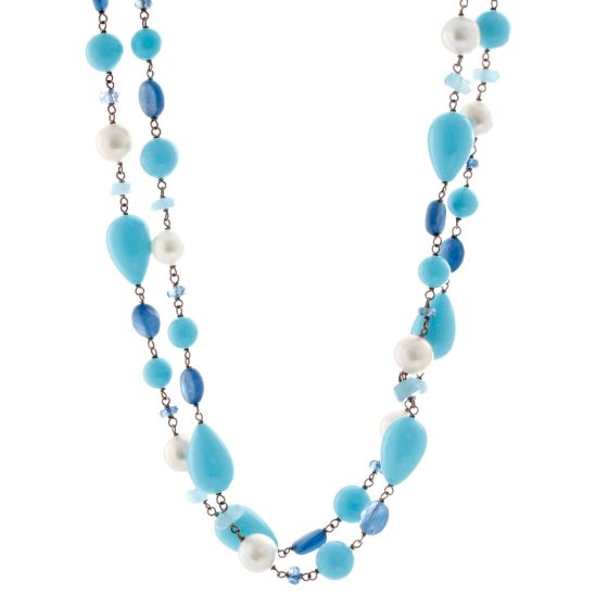 Turquoise, Pearl and Other Stones Sterling Silver Necklace