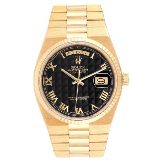 Rolex Oysterquartz Men's 18K Gold President Black Pyramid Dial Watch 19018