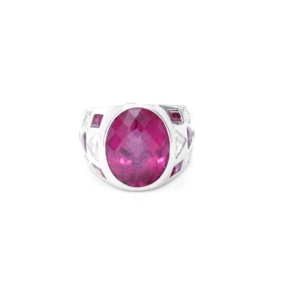 18K White Gold Oval Ruby and Diamond Cocktail Ring Size 7