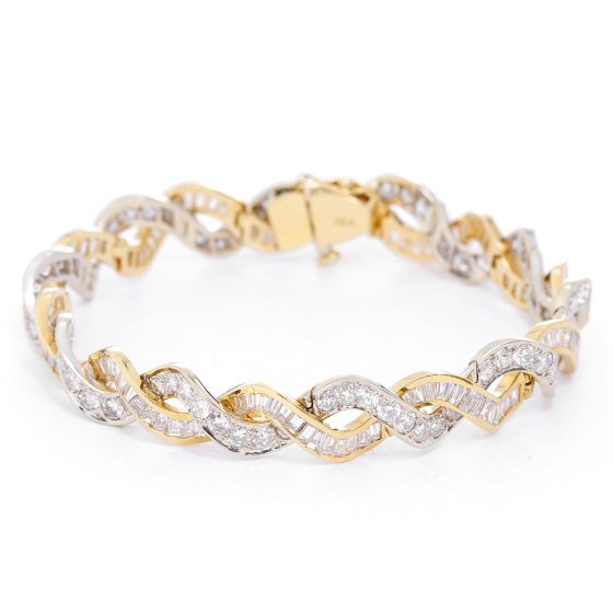 Yellow Gold Baguette Cut & Round Diamond Weave Bracelet
