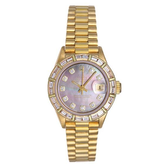 Ladies Rolex President 18k Gold & Baguette Diamond Watch 79178