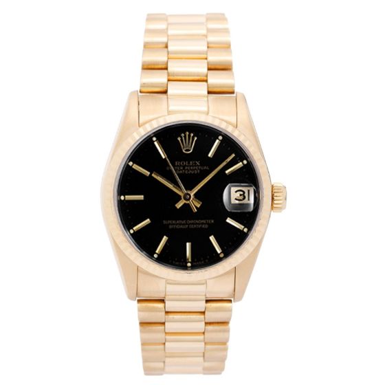 Rolex Midsize President 18K Yellow Gold  Black Dial Watch 68278