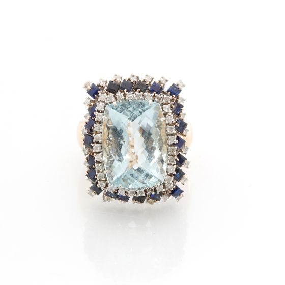 14K Yellow Gold Aquamarine, Sapphire and Diamond Ring Size 8