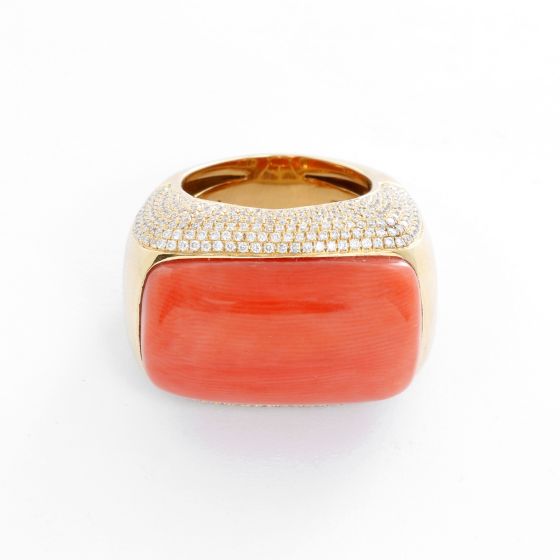 18K Yellow Gold Coral and Diamond Ring Size 7.5