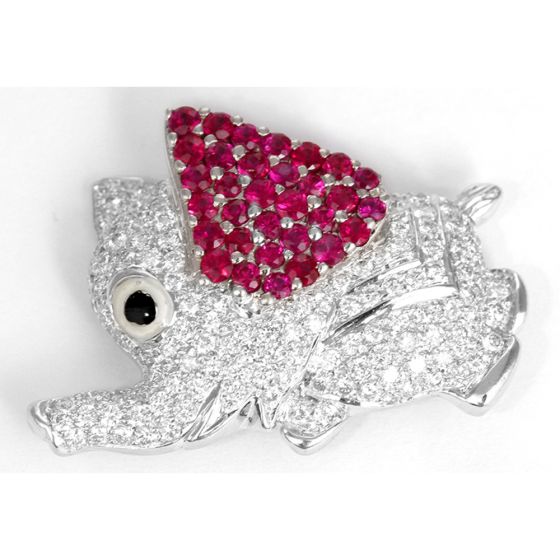 Adorable Diamond and Synthetic Ruby Elephant Pin