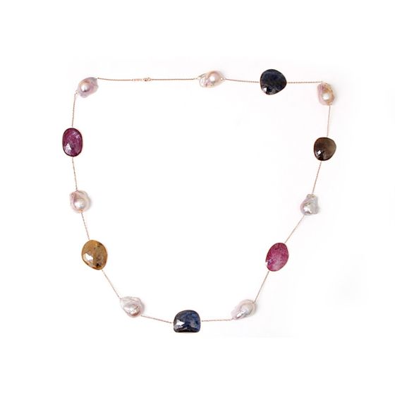 14k Rose Gold Long Necklace Multi Colored Sapphire Slices and Large Pearls