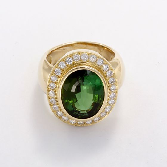 Stunning Green Tourmaline & Diamond Gold Ring Sz. 5.75