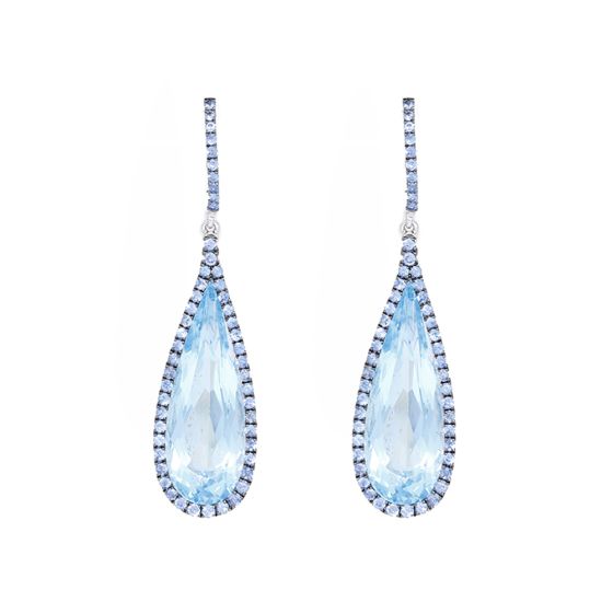 18k White Gold, Blue Topaz, & Blue Sapphire Long Dangle Earrings