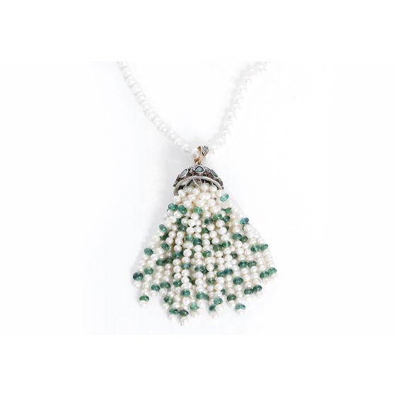 Amazing Emerald, Diamond, and Pearl Tassel Necklace