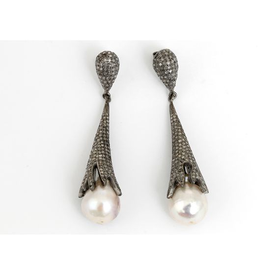 Beautiful Silver, Diamond, and Claw Pearl Drop Earrings