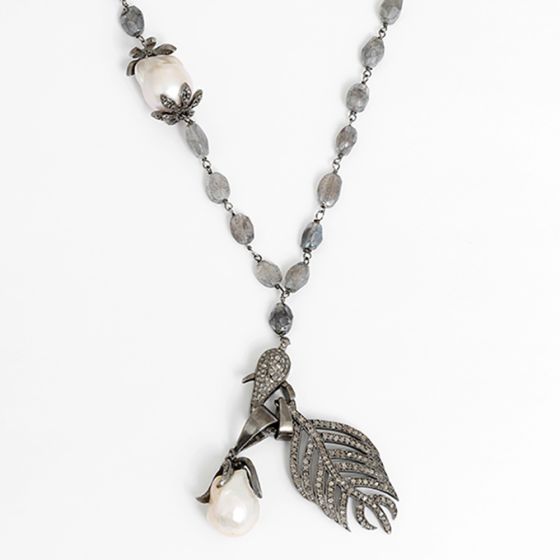 Bohemian Diamond Feather and Baroque Pearl Pendant Silver Necklace