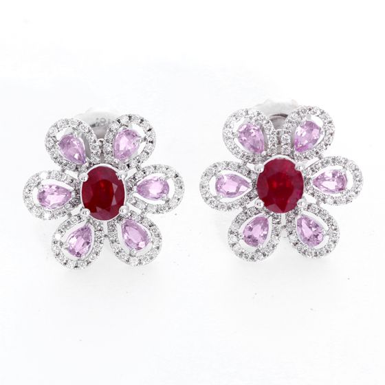 White Gold Ruby, Pink Sapphire, & Diamond Flower Earrings