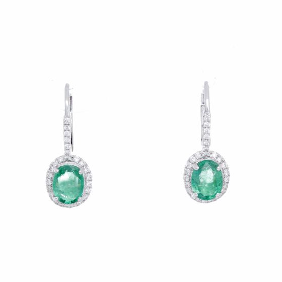 18k White Gold, Emerald, and Diamond Dangle Earrings