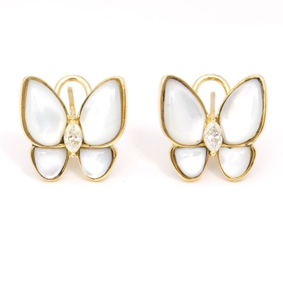 18K Yellow Gold Mother Of Pearl  Diamond Butterfly Earrings