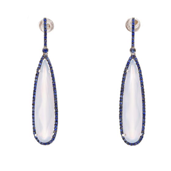 Elongated Chalcedony Pear Earring With Sapphire Halo