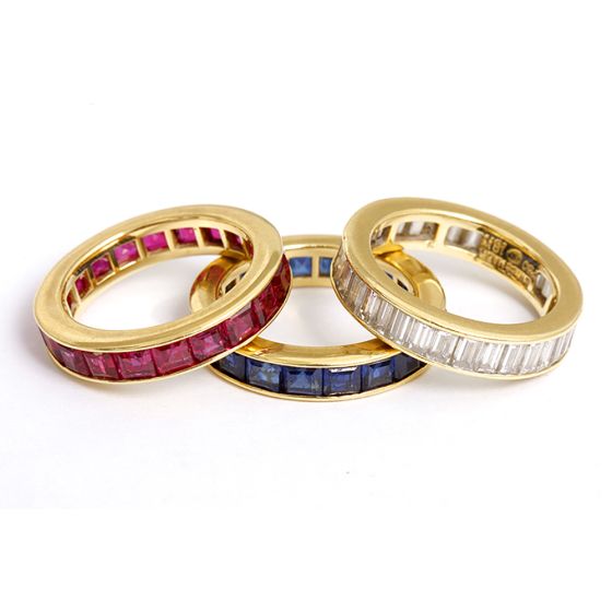 Yellow Gold Diamond, Ruby, & Sapphire Eternity Band Ring Set