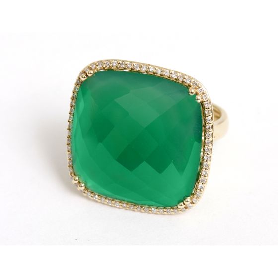 14K Yellow Gold Square Green Agate Diamond Ring Sz.7
