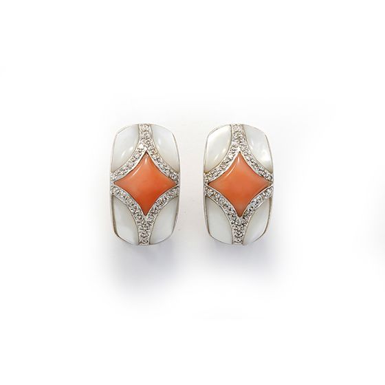 14K White Gold Angel Skin Coral & Mother-of-Pearl Diamond Huggie Earrings