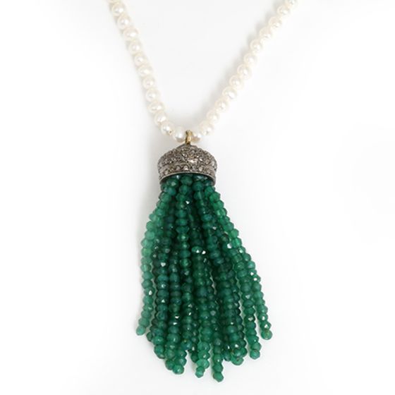 Seed Pearl, Diamond & Emerald Sterling Silver Tassel Necklace