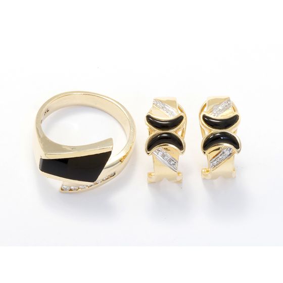 Beautiful 14k Yellow Gold Onyx Diamond Ring and Earring Set