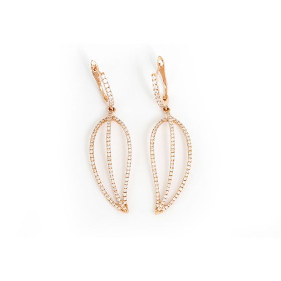 Beautiful 18K Rose Gold Diamond Feather Dangle Earrings